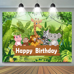 Lofaris Cartoon Green Forest Animals Happy Birthday Backdrop