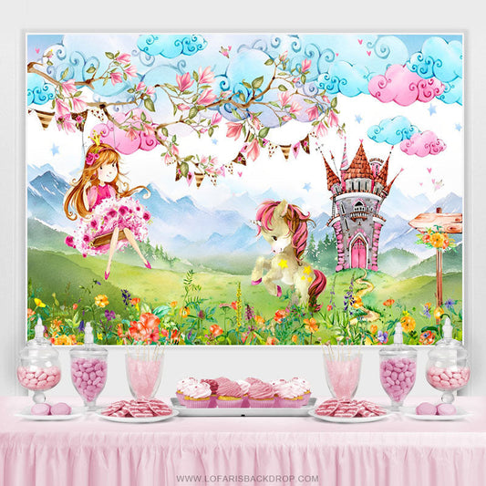 Lofaris Cartoon Horse Floral Birthday Party Backdrop For Girl