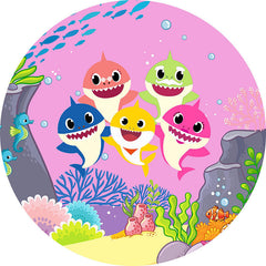 Lofaris Cartoon Little Shark Round Pink Happy Birthday Backdrop