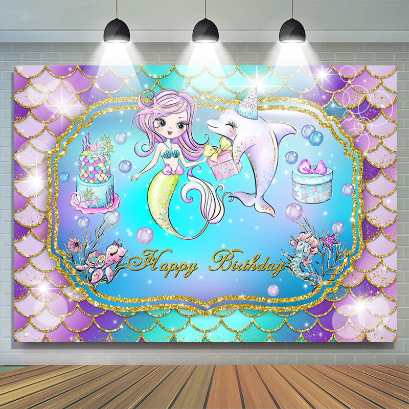 Lofaris Cartoon Mermaid Dolphin Happy Birthday Backdrop