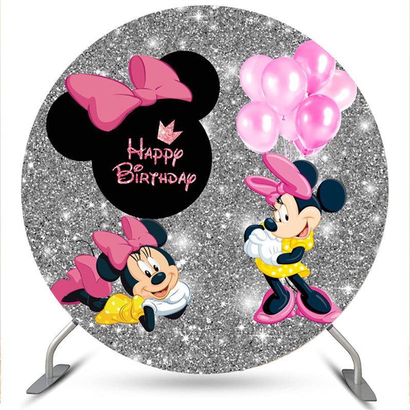 Lofaris Cartoon Mouse Round Silver Glitter Birthday Backdrop