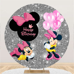 Lofaris Cartoon Mouse Round Silver Glitter Birthday Backdrop