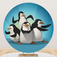 Lofaris Cartoon Penguin Round Blue Happy Birthday Backdrop
