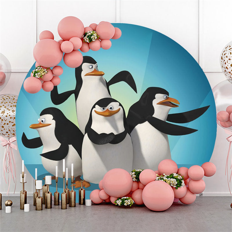Lofaris Cartoon Penguin Round Blue Happy Birthday Backdrop