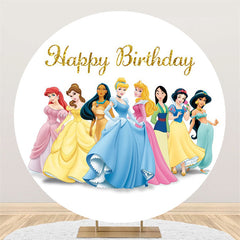 Lofaris Cartoon Princess Round Gold Glitter Birthday Backdrop