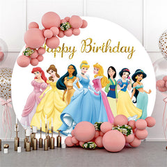 Lofaris Cartoon Princess Round Gold Glitter Birthday Backdrop