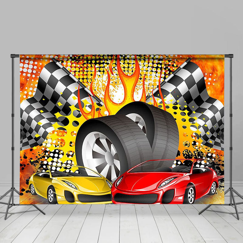 Lofaris Cartoon Racing Car Black White Flag Birthday Backdrop