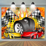 Load image into Gallery viewer, Lofaris Cartoon Racing Car Black White Flag Birthday Backdrop