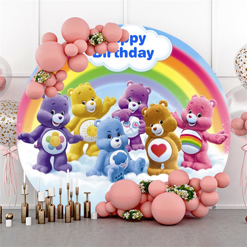 Lofaris Cartoon Rainbow Bear Round Happy Birthday Backdrop