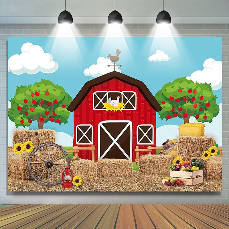 Lofaris Cartoon Red Farmhouse Blue Sky Sunflower Birthday Backdrop