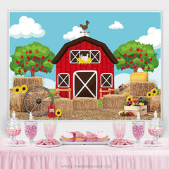 Lofaris Cartoon Red Farmhouse Blue Sky Sunflower Birthday Backdrop