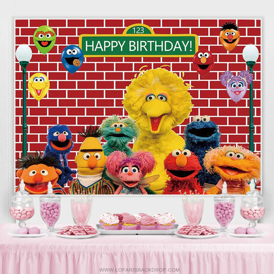 Lofaris Cartoon Street Red Brick Wall Happy Birthday Backdrop For Kids