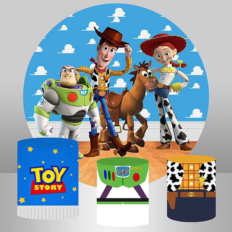 Lofaris Cartoon Toy Friends Round Birthday Backdrop Kit