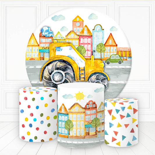 Lofaris Cartoon Truch On The Road Birthday Round Backdrop Kit