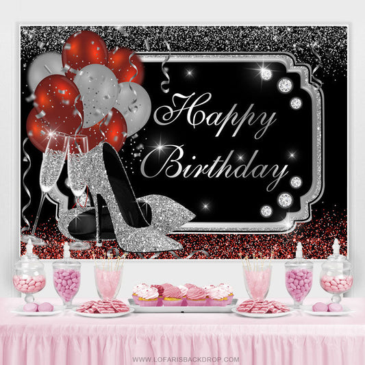 Lofaris Champagne Glass Heels Balloons Happy Birthday Backdrop