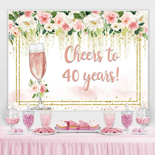 Lofaris Cheers to 40 Years Pink White Floral Birthday Backdrop
