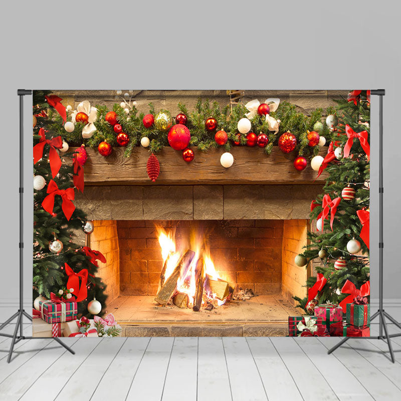 Lofaris Christmas Backdrop with Warm Christmas Fireplace Bonfire