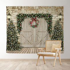 Lofaris Christmas Tree and Wooden Door Party Backdrop