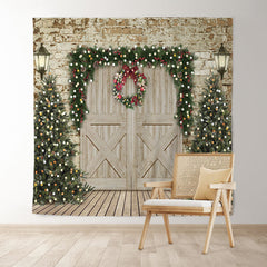Lofaris Christmas Tree and Wooden Door Party Backdrop