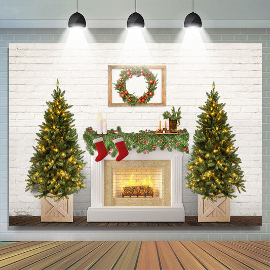 Lofaris Christmas Tree Fireplace White Brick Wall Party Backdrop
