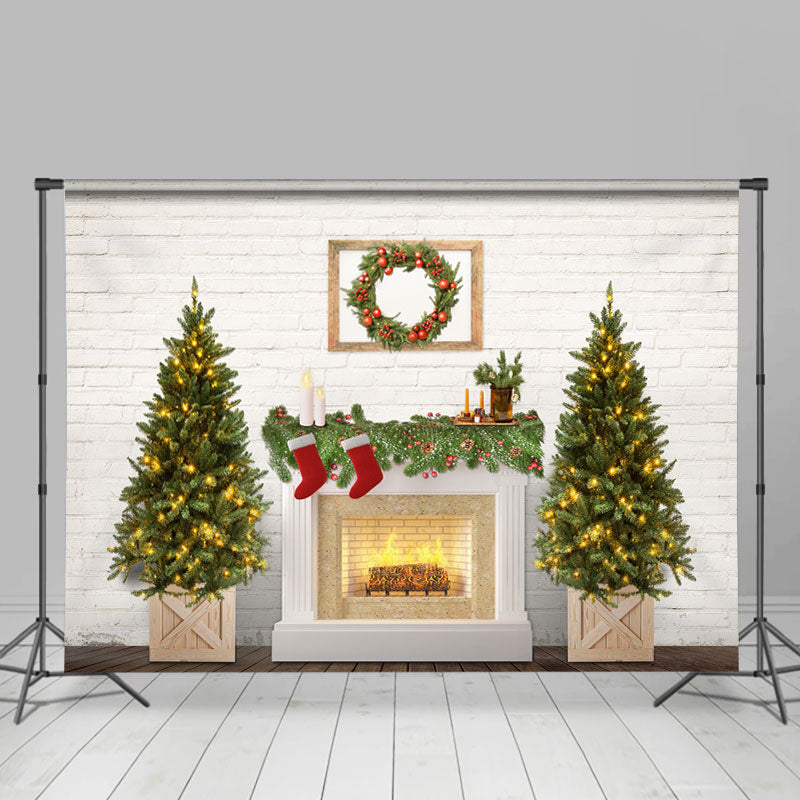 Lofaris Christmas Tree Fireplace White Brick Wall Party Backdrop