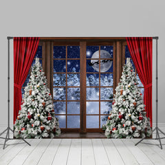 Lofaris Christmas Tree Red Curtain Wood Door Snow Moon Night Backdrop