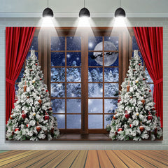Lofaris Christmas Tree Red Curtain Wood Door Snow Moon Night Backdrop