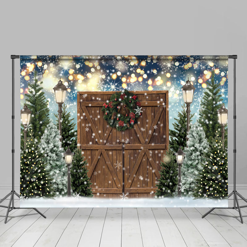 Lofaris Christmas Tree Winter Gold Glitter Wood Door Party Backdrop for Photos