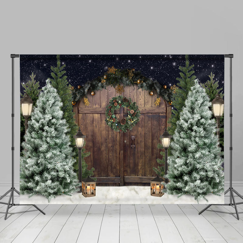 Lofaris Christmas Tree Winter Snow Wooden Door Backdrop for Photo