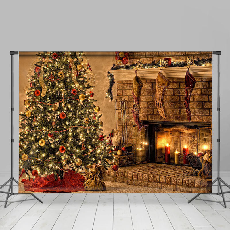 Lofaris Christmas Tree With Fireplace And Candles Backdrop