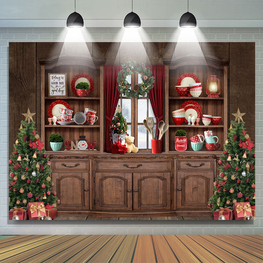 Lofaris Christmas Tree Wood Cupboard Red Backdrop for Party