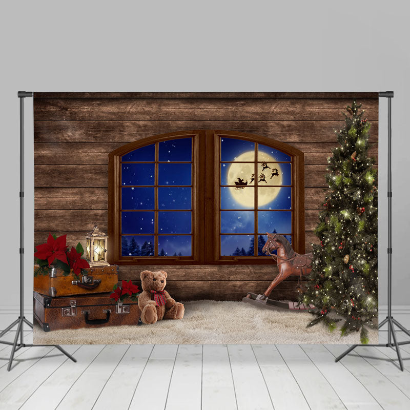 Lofaris Christmas Tree Wood Window With Moon Night Backdrop