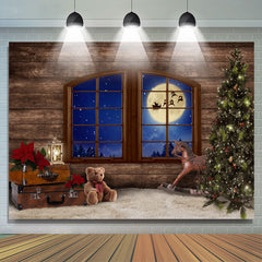 Lofaris Christmas Tree Wood Window With Moon Night Backdrop