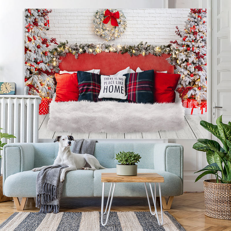Lofaris Christmas Trees And Gift With Sweet White Bed Backdrop
