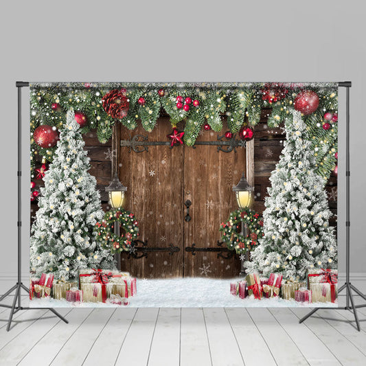 Lofaris Christmas Trees Gift Snowflake Wooden Door Backdrop
