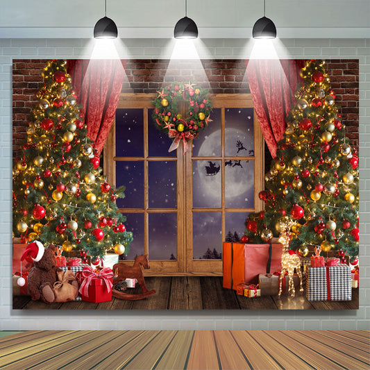 Lofaris Christmas Wreath And Trees Beside Window Backdrop