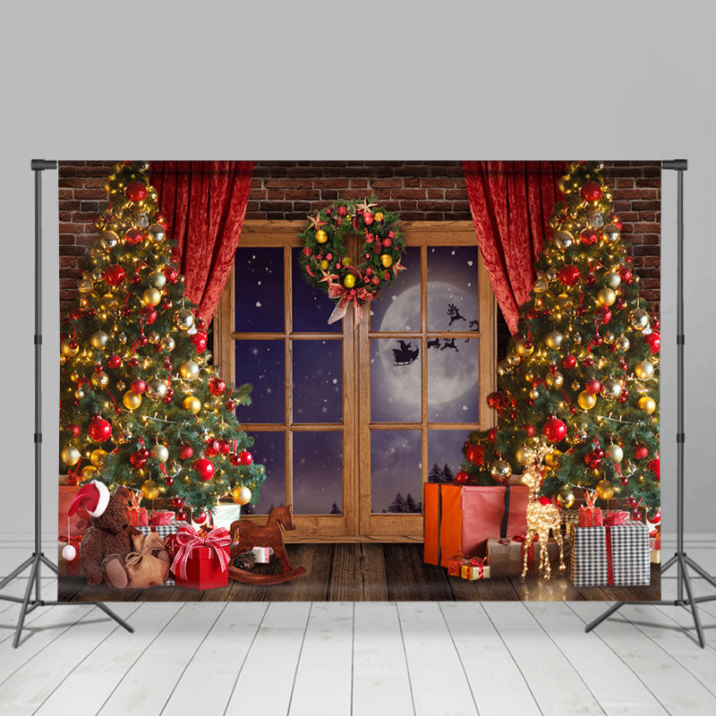 Lofaris Christmas Wreath And Trees Beside Window Backdrop