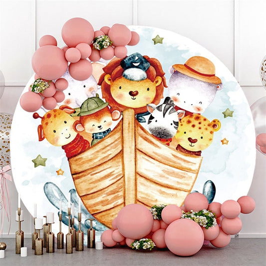 Lofaris Circle Animals And Boat Round Baby Shower Backdrop