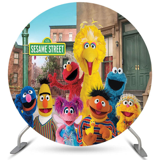 Lofaris Circle Cartoon Dolls Round Street Birthday Backdrop