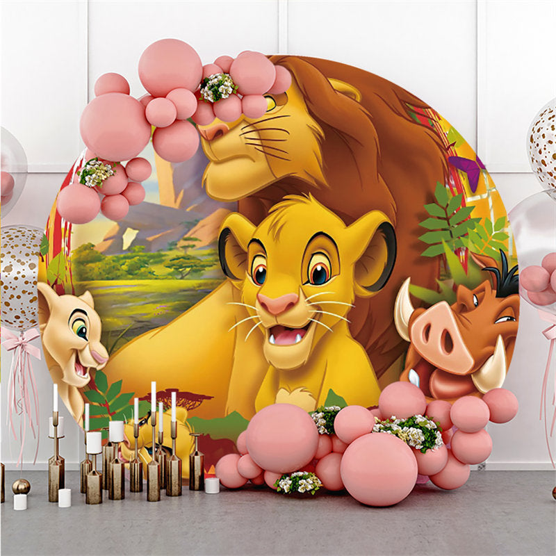 Lofaris Circle Cartoon Lion Animals Birthday Party Backdrop