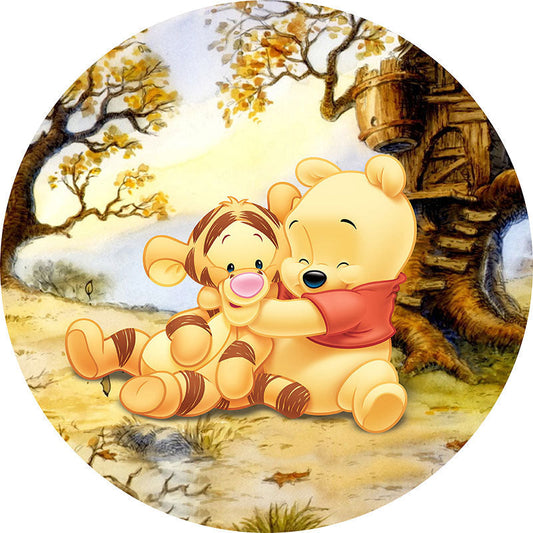 Lofaris Circle Cartoon Little Bear And Tiger Birthday Backdrop