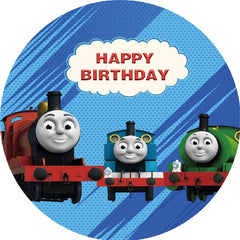 Lofaris Circle Cartoon Little Trains Happy Birthday Backdrop