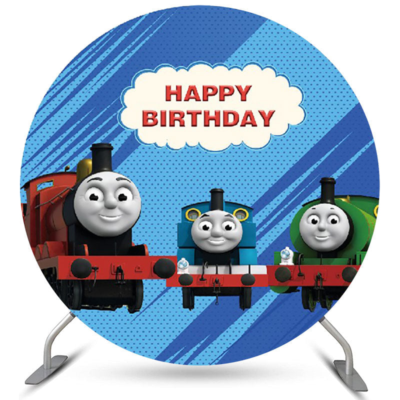 Lofaris Circle Cartoon Little Trains Happy Birthday Backdrop