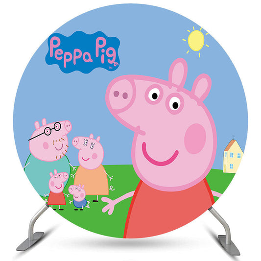 Lofaris Circle Cartoon Pink Pigs Light Blue Birthday Backdrop
