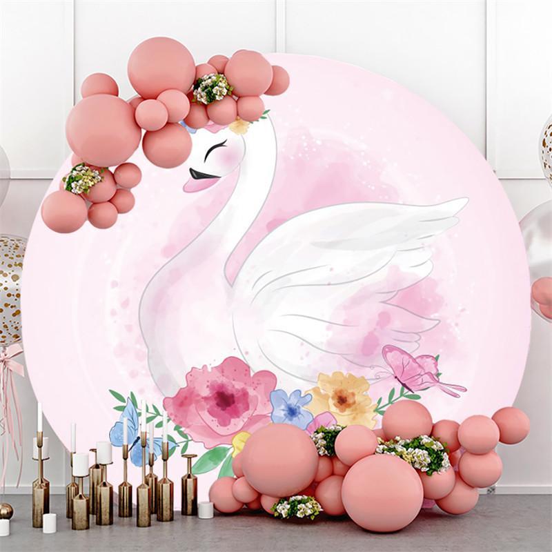 Lofaris Circle Cartoon Swan Pink Floral Butterfly Round Party Backdrops