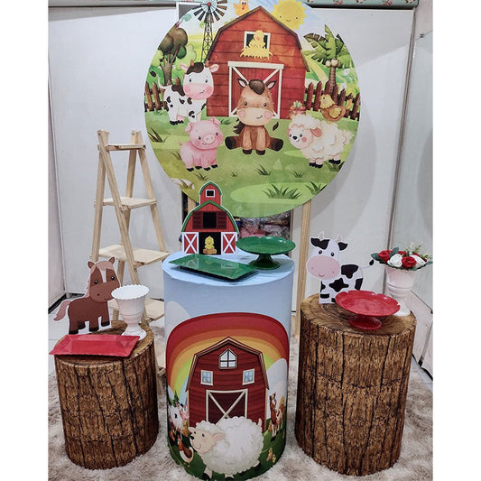 Lofaris Circle Farm House And Animals Round Birthday Backdrop Kit