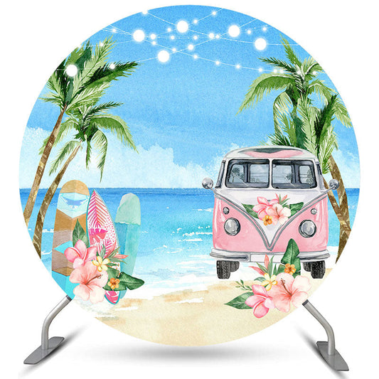Lofaris Circle Floral Pink Bus Beach Happy Birthday Backdrop