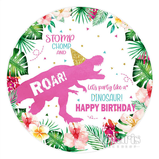 Lofaris Circle Flower Pink Red Dinosaur Happy Birthday Backdrop