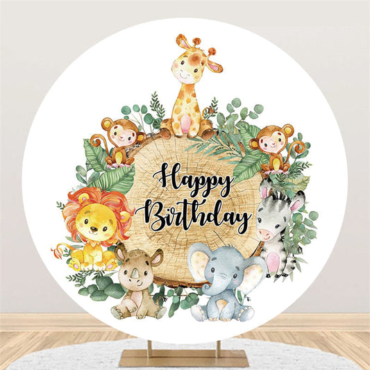 Lofaris Circle Jungle Animals And Trees Happy Birthday Backdrop