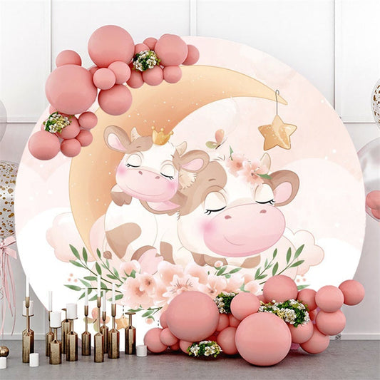 Lofaris Circle Pink Cow And Flower Baby Shower Party Backdrop